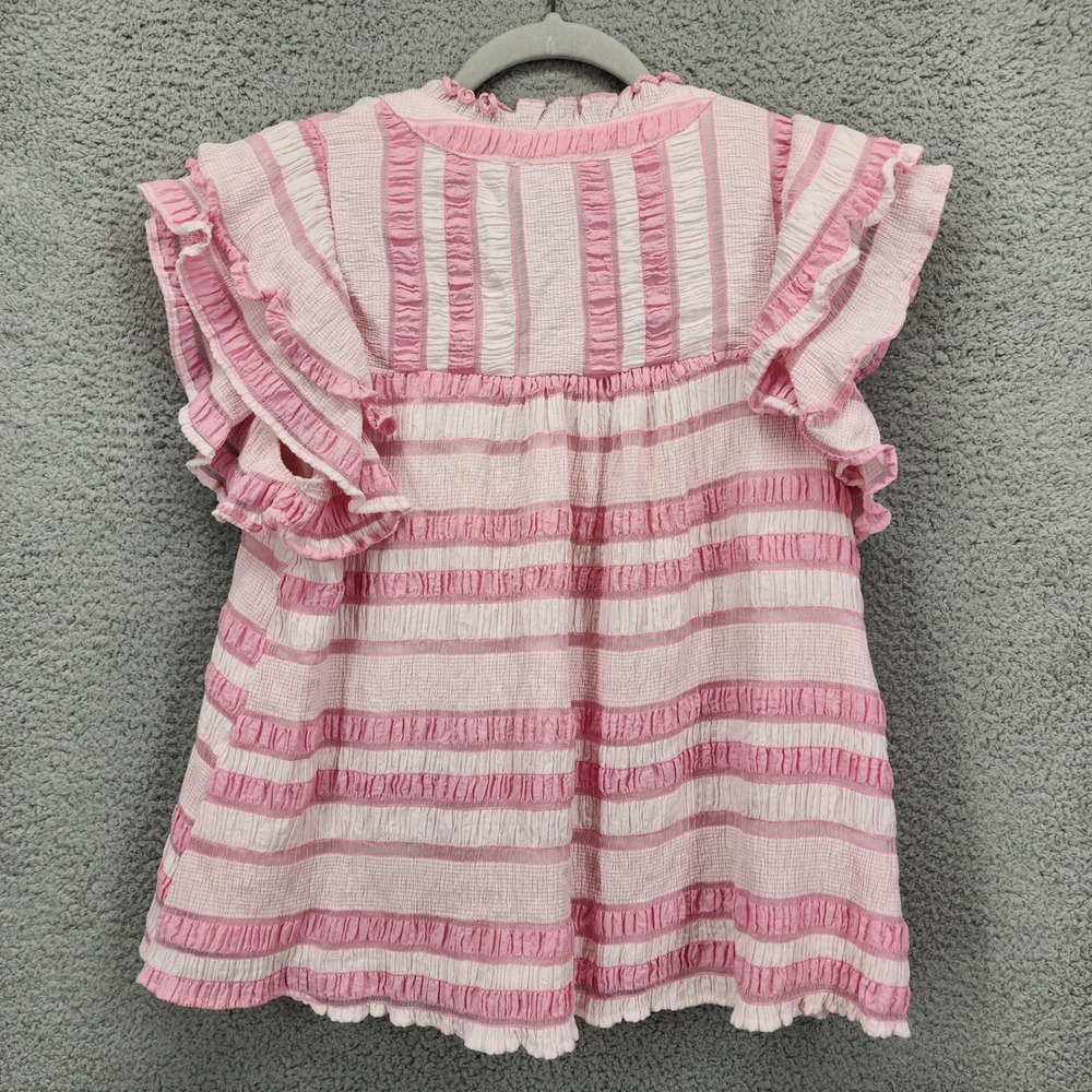 THML Pink & White Striped Ruffle Sleeve Peplum Blouse - Picture 5 of 9